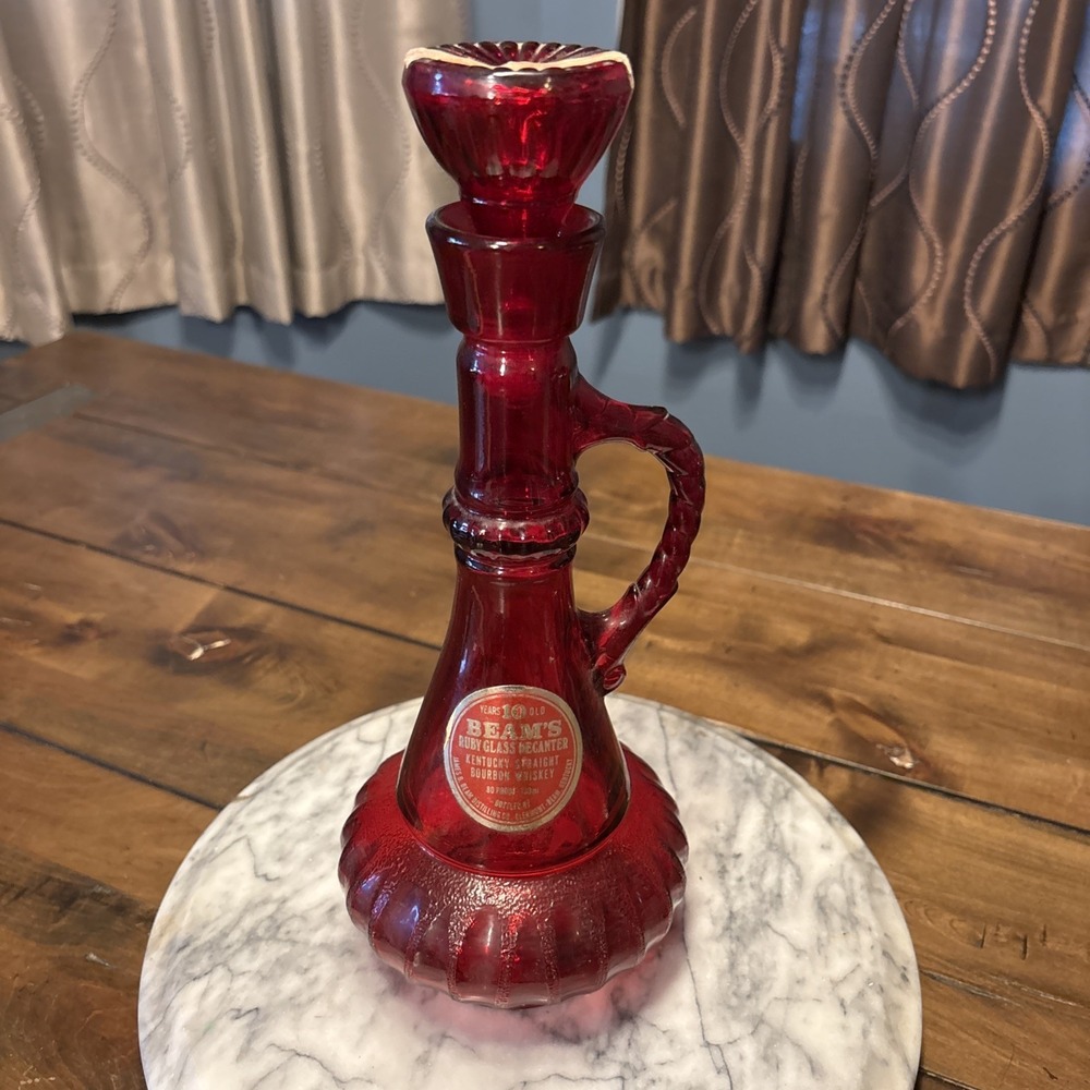 VTG 70s 1970s Jim Beam Ruby Red Glass Genie Decanter Bourbon Bottle Label Handle